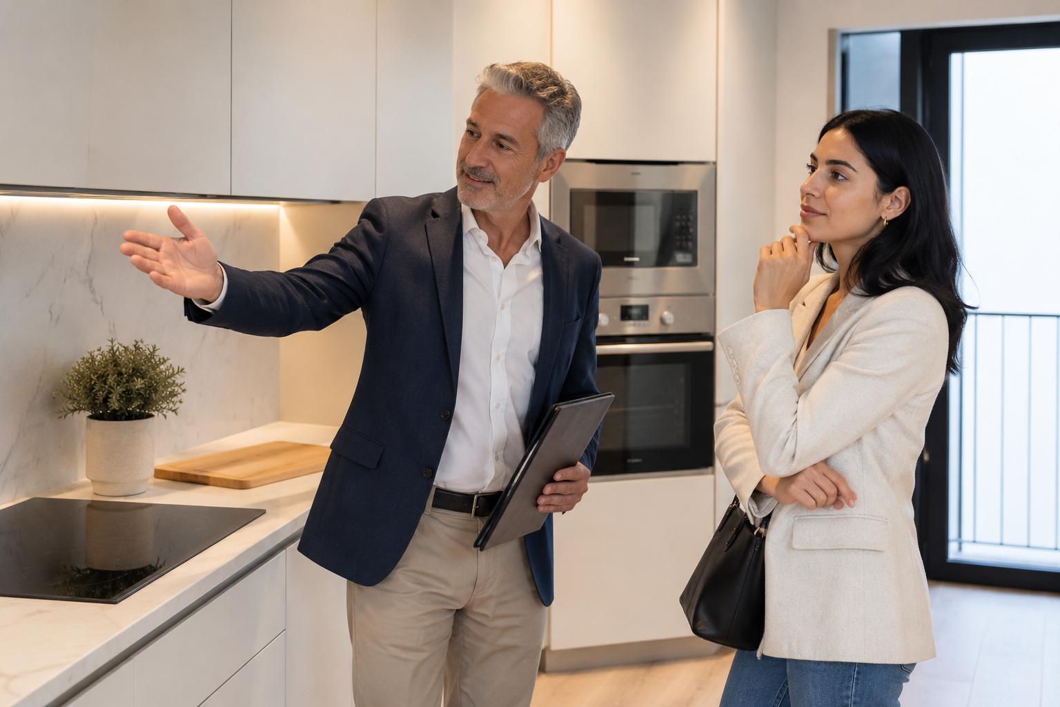 Agente inmobiliaria mostrando una vivienda a propietarios